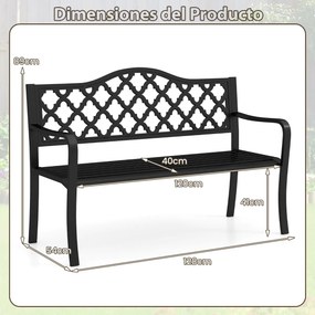 Banco de jardim em metal 54 x 128 x 89 cm com ripas para 2-3 pessoas com braços curvos Assento para varanda Piscina Preto