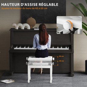 Banco de piano, banco de teclado com altura ajustável em madeira maciça, assento estofado, 64 x 35 x 45-55 cm, branco