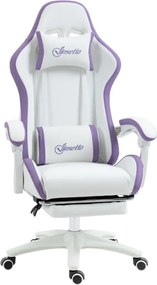 Cadeira Gaming de Couro PU com Altura Ajustável Reclinável 135° e Apoio para os Pés Retrátil 65x65x121-129 cm Branco e Roxo
