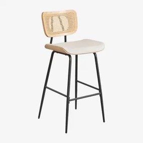 Banco Alto Em Madeira, Rattan E Couro Sintético Raysa Madeira Natural & ↑75 Cm & Couro Sintético Branco Quebrado - Sklum