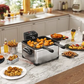 Fritadeira de 5 litros com temperatura e temporizador reguláveis, 2000 W, cesto de óleo amovível e janela de visualização prateado