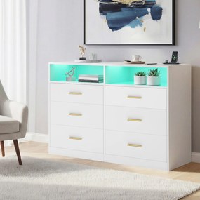 Cómoda com iluminação LED e base de carregamento, 6 gavetas 40 x 119 x 81,2 cm, moderna branca