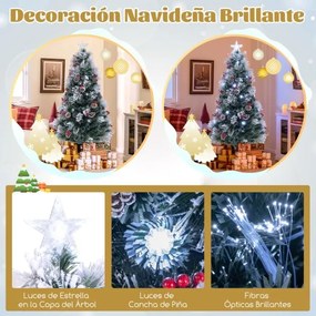 Árvore de Natal Flocada Artificial de 180 cm com 220 ramos Agulhas de pinheiro 24 Aglomerados de bagas vermelhas 24 Pinhas Fibras ópticas 63 luzes LED