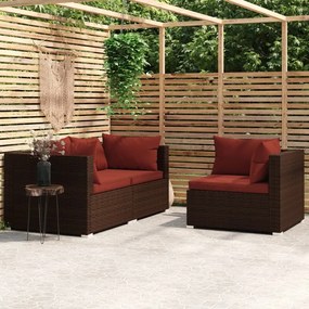 3 pcs conjunto lounge jardim c/ almofadões vime PE castanho