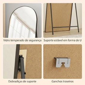 Espelho de Corpo Inteiro 180x80 cm Espelho de Pé Arqueado Moldura de Alumínio Independente Apoiado e de Parede Preto