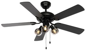 Ventilador de teto preto com madeira e interruptor de puxar 3 luzes - Mistral Vidro Industrial
