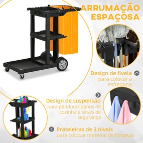 Carro de Limpeza com Bolsa Carrinho de Limpeza com Rodas e 3 Prateleir