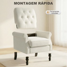 Sofá Individual Estofado em Linho Assento Acolchoado Espesso Encosto Capitonê Pés de Madeira Maciça Creme