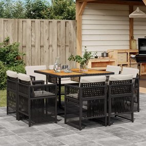 9 pcs conjunto de jantar p/ jardim c/ almofadões vime PE preto