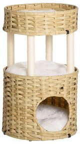 PawHut Árvore Arranhadora para Gatos de Vime Torre para Gatos Médios com Caverna 2 Camas Postes de Sisal Natural Ø40,5x69 cm Natural