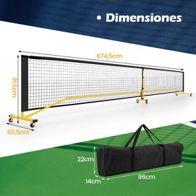 Rede de Pickleball Portátil Sistema de Rede de Pickleball com dimensões regulamentares de 674,5 cm, com 6 rodas bloqueáveis e estrutura metálica Preto