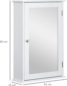Armário de parede para casa de banho com espelho 41 x 14 x 60 cm com1 porta, 2 prateleiras - MDF branco