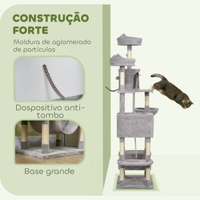 Arranhador para Gatos Grande Altura 173 cm Torre para Gatos com Plataformas Caverna Bolas Suspensa e Rede Cinza Claro