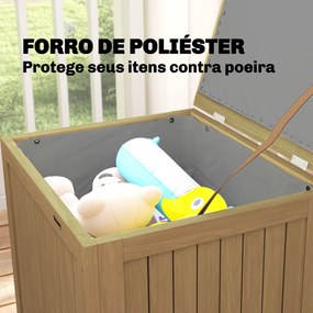 Baú de Exterior em Madeira 130L Arca de Armazenamento com Forro Tampa Articulada e Correia 63x51x58,5 cm Castanho