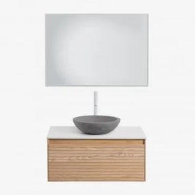 Conjunto De Móveis De Banheiro Em Madeira Tedrik Ash Castanho Fresno & Cimento Cinzento Redondo Ø40 Cm Tarsis & Led Retangular - Sklum