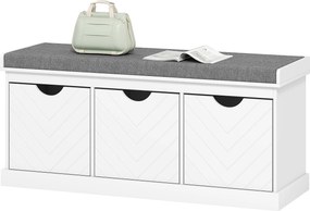 Banco para Calçado de Entrada com Arrumação, 105 x 35 x 47 cm, 3 Gavetas Amovíveis, Branco