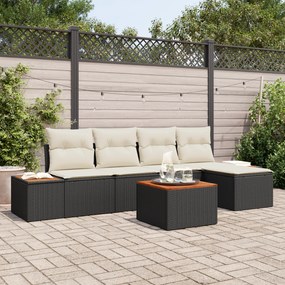 Conjunto de Sofá de Jardim vidaXL de 6 Peças com Almofadas Preto Vime Sintético Madeira de Acácia