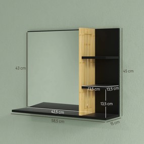 Espelho de parede para casa de banho com prateleiras de arrumação - 3 prateleiras laterais + 1 prateleira inferior - madeira de bambu