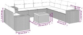 10 pcs conjunto sofás de jardim c/ almofadões vime PE preto