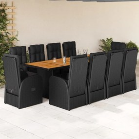vidaXL 11 pcs conjunto de jantar p/ jardim c/ almofadões vime PE preto