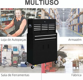 Carro de Ferramentas com Baú Superior, 6 Gavetas, Armário, Fechadura e 4 Ganchos para Garagem e Casa, Preto
