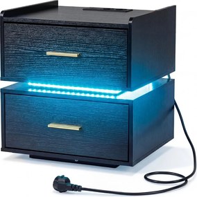Mesa de cabeceira com base de carregamento LED, 2 gavetas, arrumação semi-suspensa e base metálica 45 x 40 x 48 cm Preta