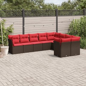 vidaXL 9 pcs conjunto sofás p/ jardim c/ almofadões vime PE castanho