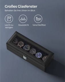 Caixa para 6 relógios 11,2 x 30 x 8 cm revestimento em PU preto, forro em veludo preto