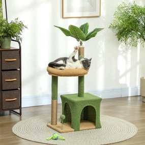 Arranhador para gatos 44 x 30 x 98 cm torre de brincadeiras com compartimentos abertos, cama, arranhadores, bolas e folhas artificiais  verde