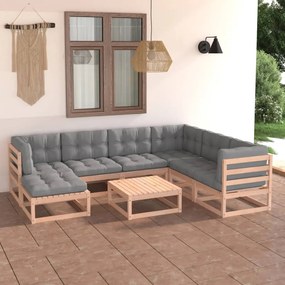 vidaXL 8 pcs conjunto lounge de jardim c/ almofadões pinho maciço