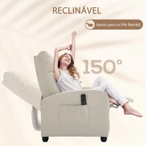 Poltrona de Massagem Relax Reinclinável com Controle Remoto 2 Zonas de Massagem 68x88x98 cm Creme