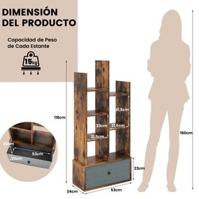Estante de 7 níveis com gaveta e 7 compartimentos Estante de madeira para sala de estar Quarto 53 x 24 x 118 cm Castanho