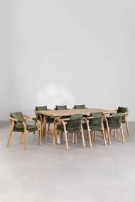 Conjunto De Mesa Retangular 200x100 Cm E 8 Cadeiras De Jantar Em Madeira De Acácia Dubai Tecido Verde Exército & Castanho Acácia Rústico - Sklum
