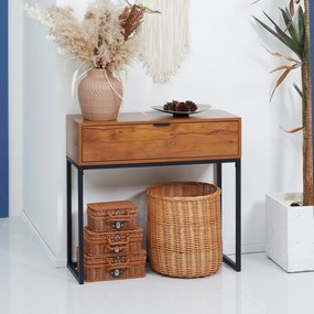 Mesa de consola, com gaveta e pés em aço, para sala de estar, hall de entrada, corredor, 80 x 30 x 76 cm, castanho