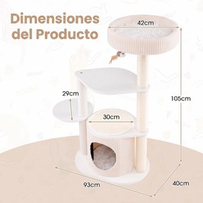 Árvore de Arranhar para Gatos, 93 x 40 x 105 cm, Multinível com Postes de Sisal, Bege