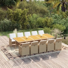 vidaXL 11 pcs conjunto jantar p/ jardim c/ almofadões vime PE bege