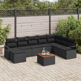 Conjunto de Sofá de Jardim vidaXL com 9 Peças e Almofadas Preto Rattan Sintético Acácia