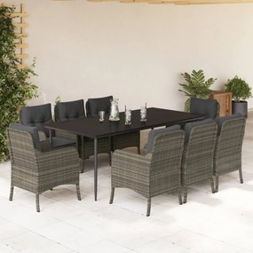 9 pcs conjunto de jantar p/ jardim c/ almofadões vime PE cinza