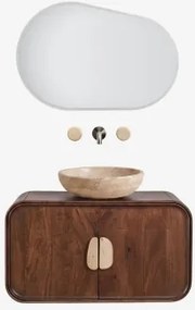 Conjunto De Móvel De Casa De Banho Suspenso 95x45 Cm Em Madeira De Manga E Pedra Natural Kivalina Travertino - Madeira De Mangueira Escura - Sklum