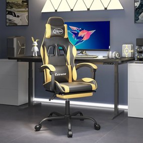 vidaXL Cadeira gaming giratória + apoio couro artificial preto/dourado