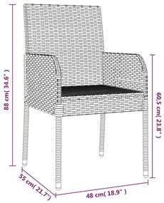 3 pcs conjunto de jantar p/ jardim c/ almofadões vime PE cinza