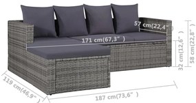 4 pcs conjunto lounge de jardim c/ almofadões vime PE cinzento