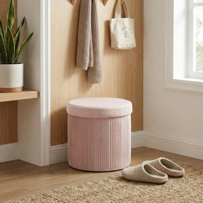 Puff de Arrumação Banco de Arrumação Dobrável 35 L 38x38x38 cm Estofado em Veludo Baú de Arrumação Redondo Rosa