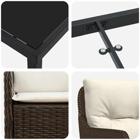 Conjunto de Jantar de Jardim de 3 Peças com Almofadas Castanho Vime Po