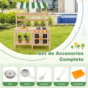 Cozinha de brincar de exterior para crianças em madeira de abeto com lava-loiça no teto 4 fogões com puxadores rotativos Natural