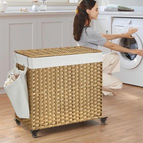 Cesto para roupa suja dobrável com 3 compartimentos e bolso lateral 70 x 36 x 66 cm Cor natural