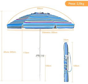 Guarda Sol de Praia Portátil inclinável com protecção solar UPF50+ para Pátio Exterior Cor da Piscina Listas Azuis 2 x 2,2 m