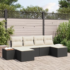 Conjunto de Sofás de Jardim de 6 Peças com Almofadas Preto Rattan Poliéster Acácia