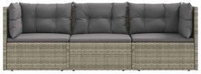 3 pcs conjunto lounge de jardim c/ almofadões vime PE cinzento