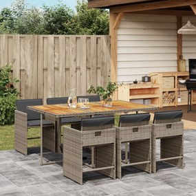 vidaXL 7 pcs conjunto de jantar p/ jardim c/ almofadões vime PE cinza